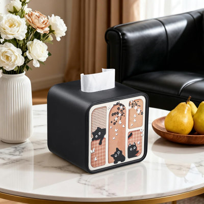 Boîte à mouchoirs carrée à motif chat, cadeau idéal pour les amoureux des chats, bords arrondis, fermeture magnétique, en similicuir noir, pour salle de bain, salon, voiture ou bureau.