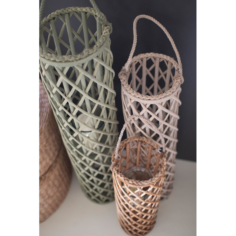  Willow Lantern Set with Glass Inserts – Tall 39.5" Decorative Lantern Trio in Green, Beige, and Brown, Set of 3
