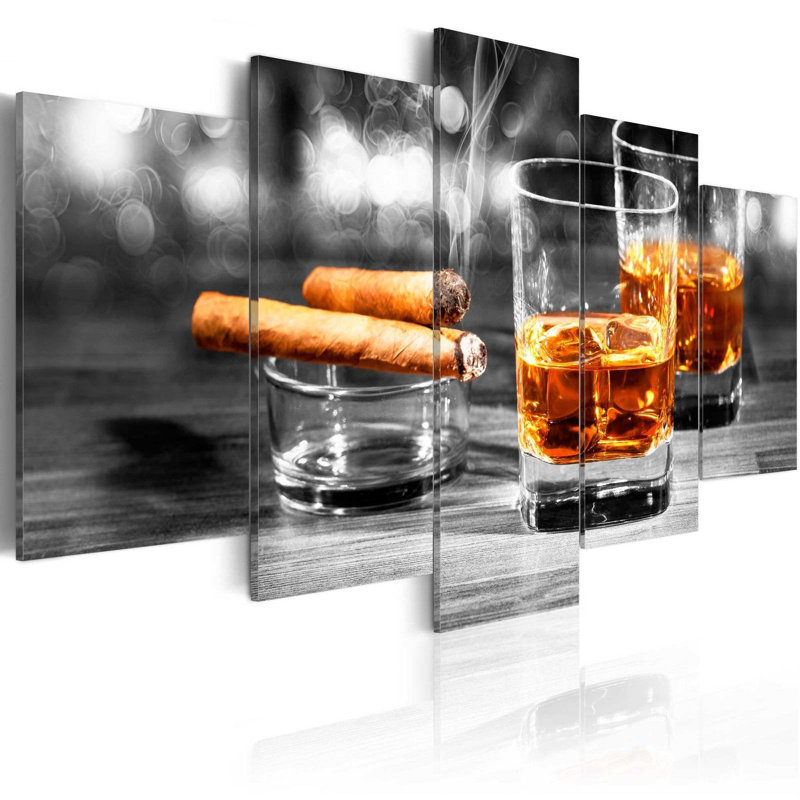 Cigares et whisky sur toile, reproduction de 5 pièces, H 40 po x l 80 po x P 0,7 po