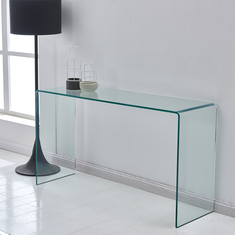 Console en verre, console en verre trempé transparent avec bureaux à bords arrondis, table de canapé