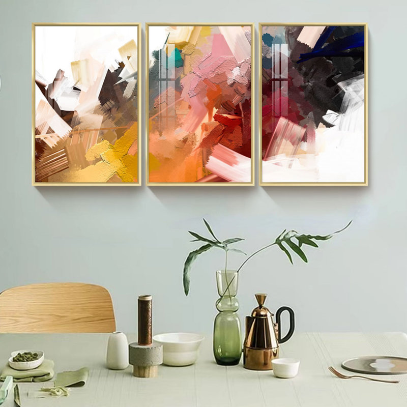 3 pièces, peinture sur toile encadrée, H 17 po x l 37 po x P 4 po, Encadrement doré
