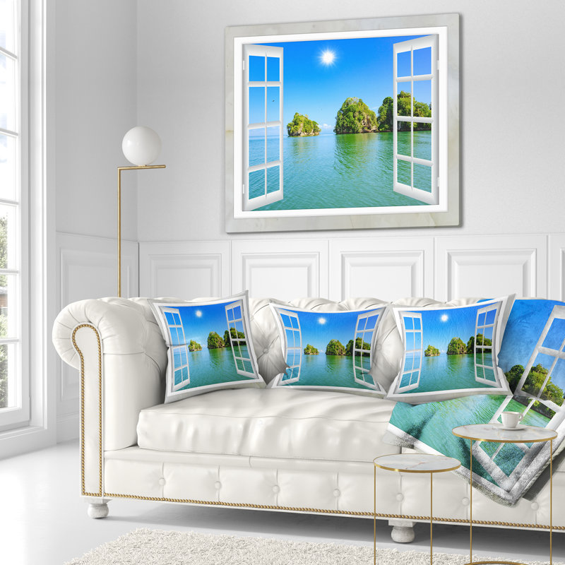 «Open Window to Ocean Islets - Coussin imprimé paysage», 18 po x 18 po, Coussin décoratif