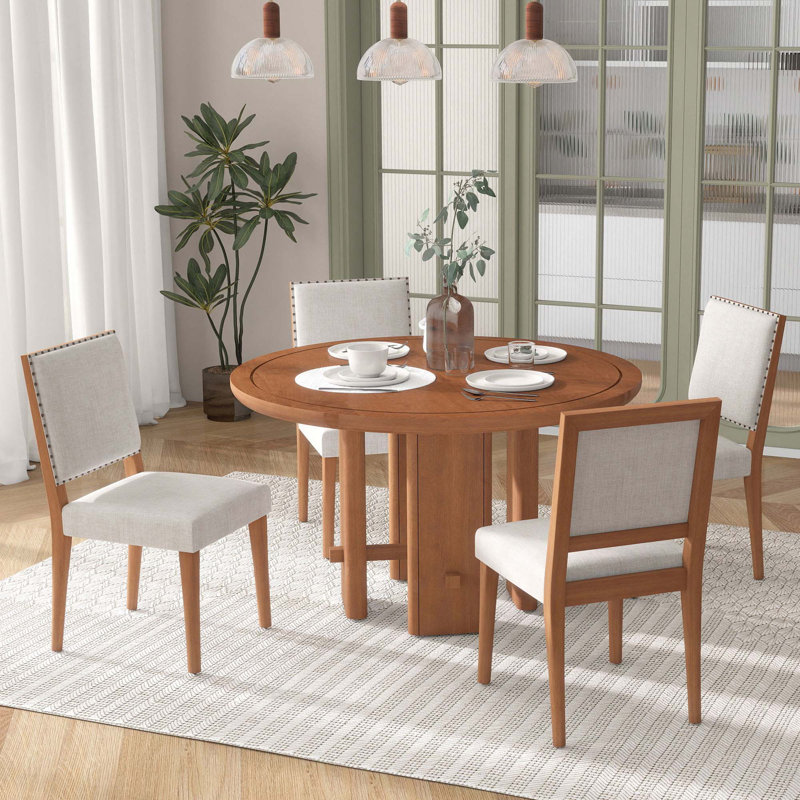 Ensemble de table de salle à manger 5 pièces, table de salle à manger ronde minimaliste avec 4 chaises rembourrées en bois massif
