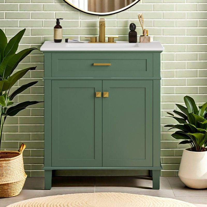 Meuble-lavabo moderne avec lavabo en céramique, porte à fermeture douce et tablettes réglables, blanc, Vert, Or