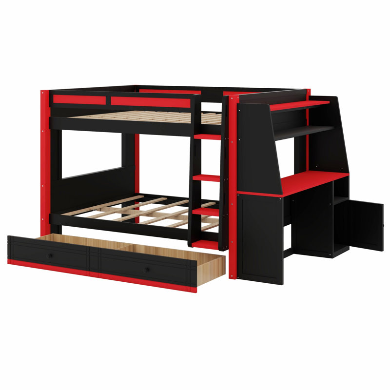 Modern Bunk Bed with LED Light, Desk, Shelves & Drawers