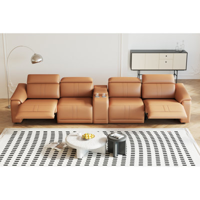Power Recliner Sofa Set, 4-Seat Reclining Sectional Sofa With Adjustable Headrest &  Power Recline, Breathable Leather With Storage Console & USB Ports, Easy Assembly Living Room Furniture Sets