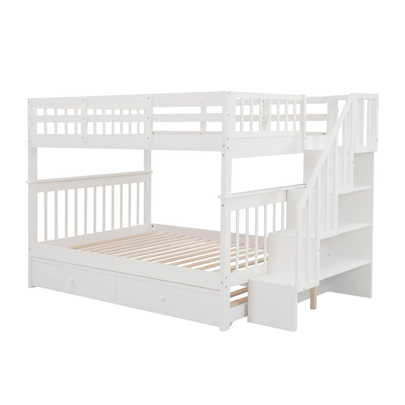 Lit superposé double avec lit gigogne, rangement et barrière de sécurité pour chambre à coucher, dortoir Stairway, Blanc