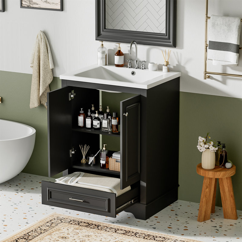 24" Freestanding Bathroom Vanity With Ceramic Sink Top, Soft-Closing Doors Cabinet And Drawer, Black