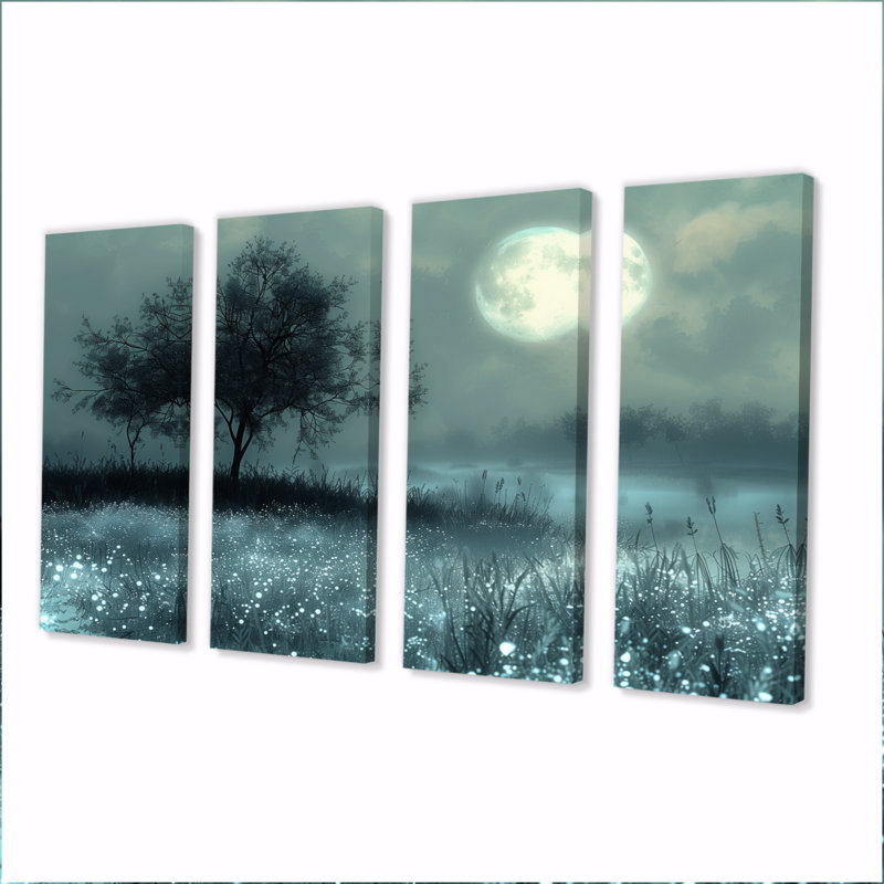 Hiver, gris, blanc, clair de lune, arbre I - ensemble d'art mural fées, H 32 po x l 64 po
