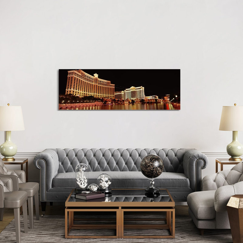 Hotel Lit Up At Night, Bellagio Resort And Casino, The Strip, Las Vegas, Nevada, USA - Wrapped Canvas Panoramic Print