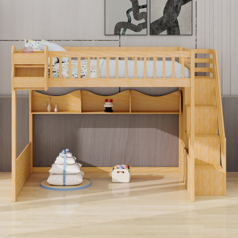 Wooden Loft Bed With Staircase And Wardrobe,Storage Shelves And Under-Bed Space, Natural