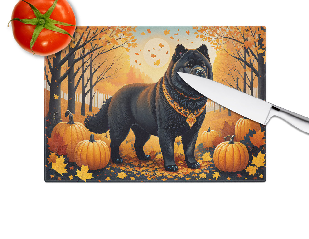 Caroline's Treasures Black Chow Chow Fall Glass Cutting Board Large