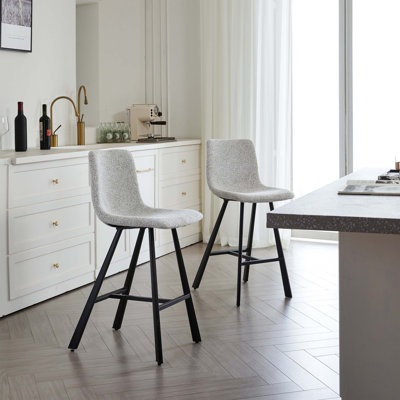 Modern Textured Light Gray Fabric Bar Stool - Upholstered Counter Height Chair With Sturdy Black Metal Legs For Kitchen And Home