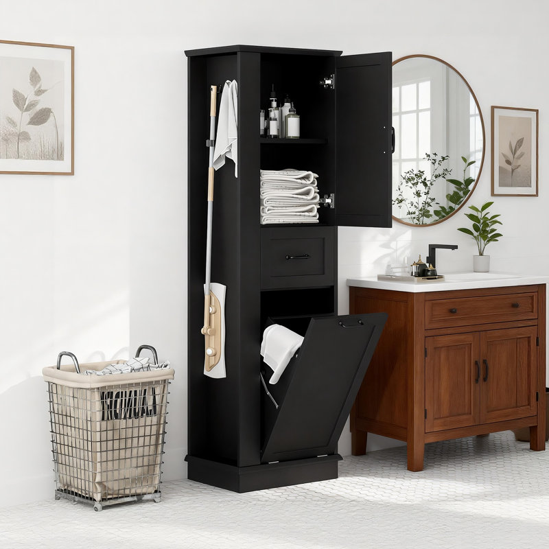Modern Tall Bathroom Storage Cabinet With Tilt-Out Compartment,Adjustable Shelves,Soft-Close Hinges, Black