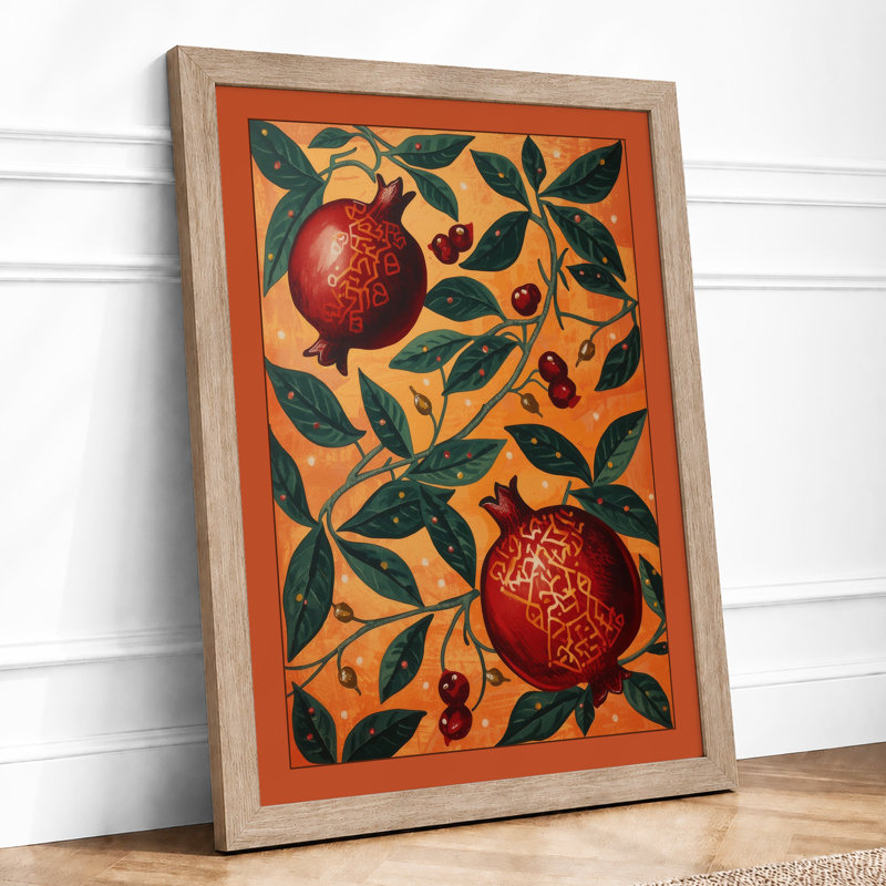 Pomegranates and Foliage Botanical - Framed Print, A1 - 84.1 x 59.4 cm, Oak