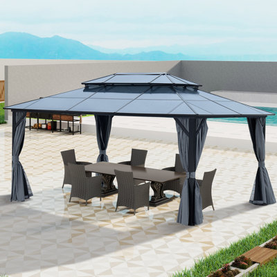 Gazebo Polycarbonate Double Roof Canopy Outdoor Aluminum Frame Pergola, Permanent Pavilion With Netting And Curtains For Garden Patio Lawns Parties