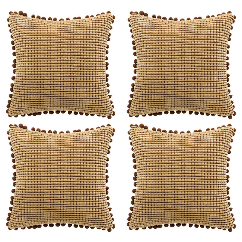 Pom-poms Cotton Blend Reversible Pillow Cover, Brown