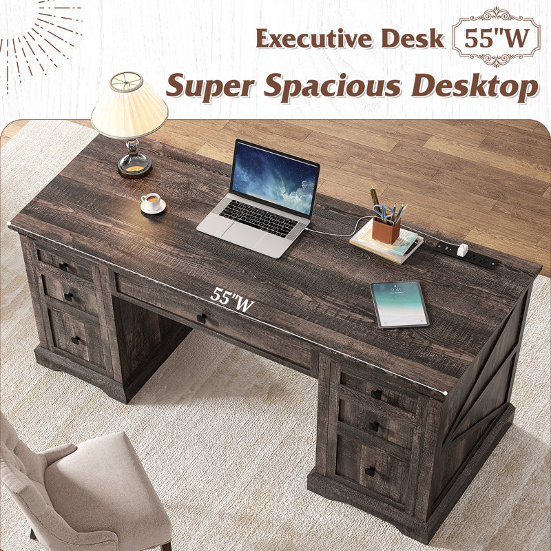 55'' Dark Rustic Oak Executive Desk with Power Outlet and USB Port