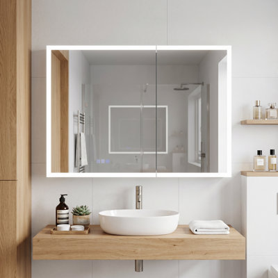 Armoire à pharmacie avec miroir à DEL l 30 po x H 40 po, armoire de salle de bain en aluminium avec lumières, antibuée, température à 3 couleurs à intensité variable, rangement réglable, encastré ou à fixation en surface
