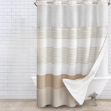 No Hook Shower Curtain With Snap In Liner Set Cotton And Linen Blend Shower Curtain For Bathroom Boho Beige Striped 75" L X 72" W