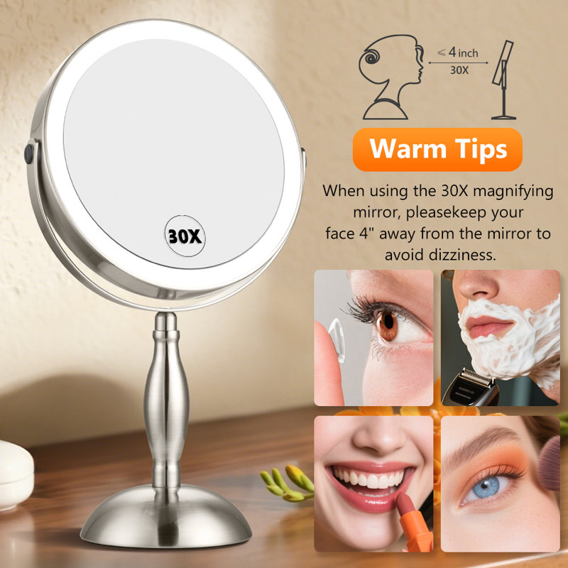Metal Round Led Makeup Mirror, Rechargeable 1x/30x Magnifying Mirror With 3 Color Dimmable Lights, Brushed Nickel