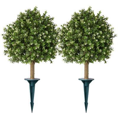 Ashwell Artificial Osmanthus Topiary Ball Tree With White Flowers & Ground Spike - UV Resistant Faux Boxwood Style Shrub For Front Porch Urns & Garden Landscape 