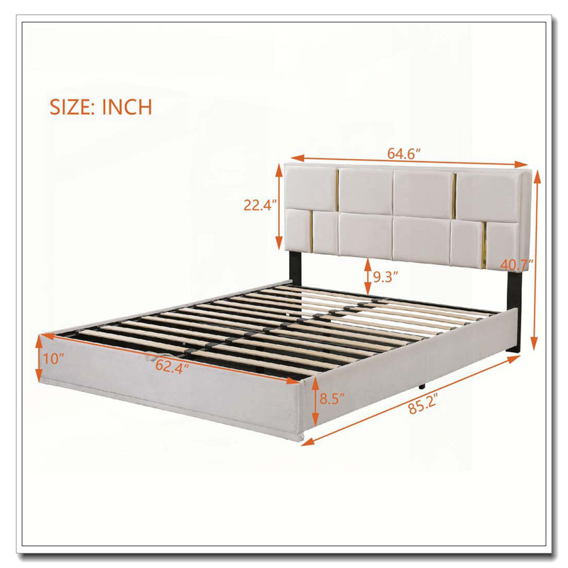Ensemble de chambre à coucher 2 pièces, lit plateforme tapissier grand avec système de rangement hydraulique, repose-pieds de rangement avec pieds en métal, beige