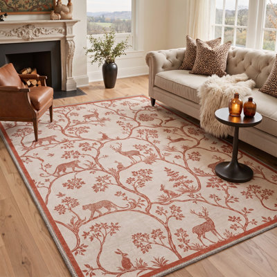 Machine Washable Toile Ivory / Brown Area Rug With Non-Slip Backing