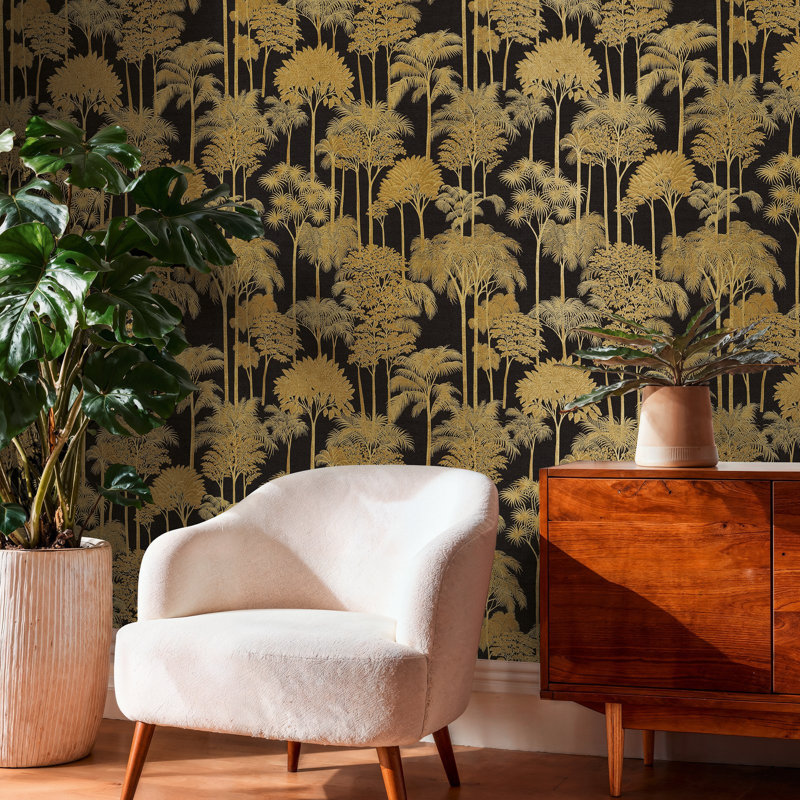 Havana 2 Collection Palm Trees Wallpaper Roll, Black/Gold