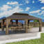 Pavillon de jardin en aluminium à toit rigide avec toit en acier galvanisé à double aération, moustiquaire et rideaux d'intimité pour la cour, le jardin, la terrasse et le bord de la piscine-119157727