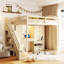 Lit mezzanine pleine grandeur de couleur beige, avec escalier latéral, tablettes ouvertes et coiffeuse de couleur beige, avec rangement intégré, rangement-929948798