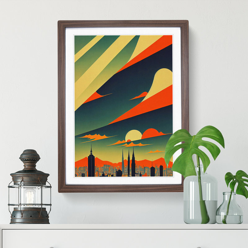 City Skyline Deco No.2 - Single Picture Frame Print, Walnut, 64cm H x 46cm W x 2cm D