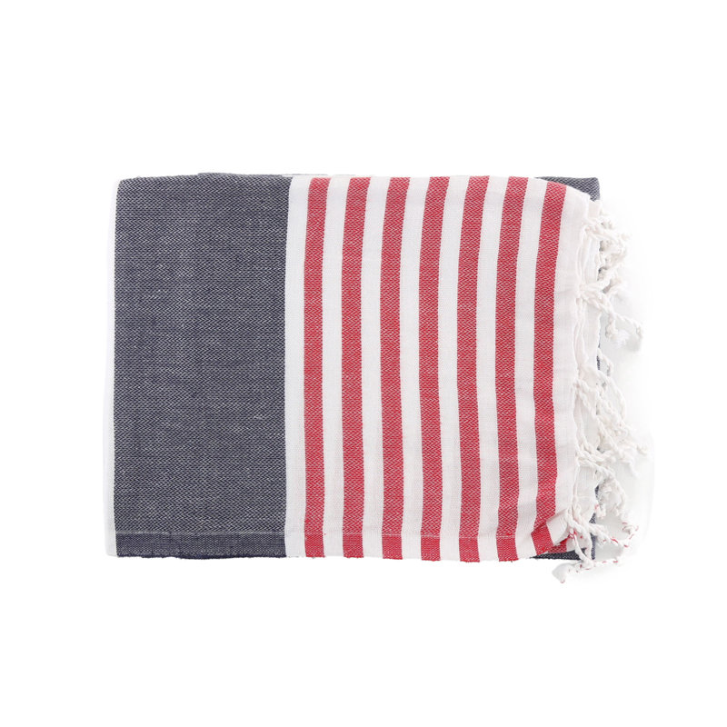 Serviette de plage 100% coton Hallas, Bleu foncé / Blanc