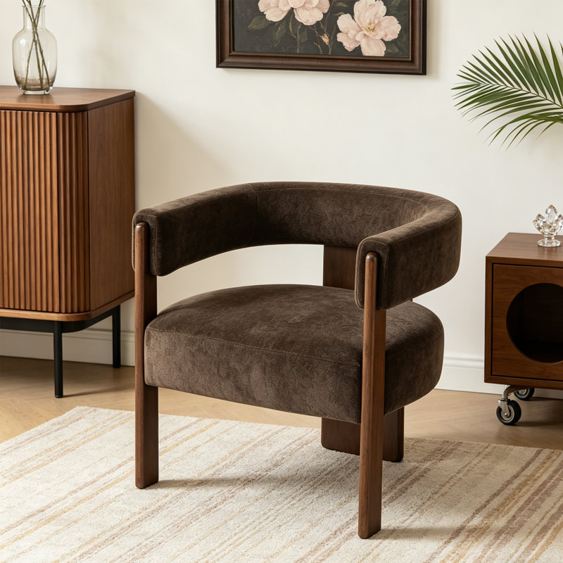 Chaise d'appoint rembourrée en velours moderne avec dossier incurvé et base à trois pieds, Marron foncé