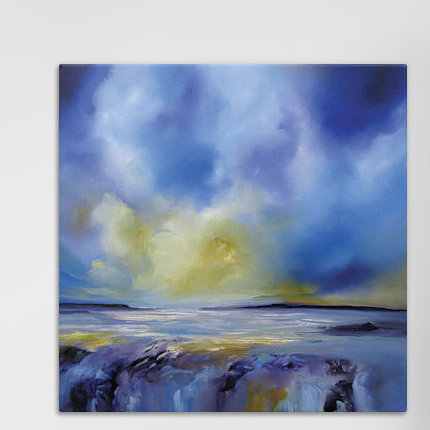« blue symphony i », peinture sur toile tendue, H 18 po x l 18 po x P 1,5 po, Toile avec cadre noir, Pas de tapis