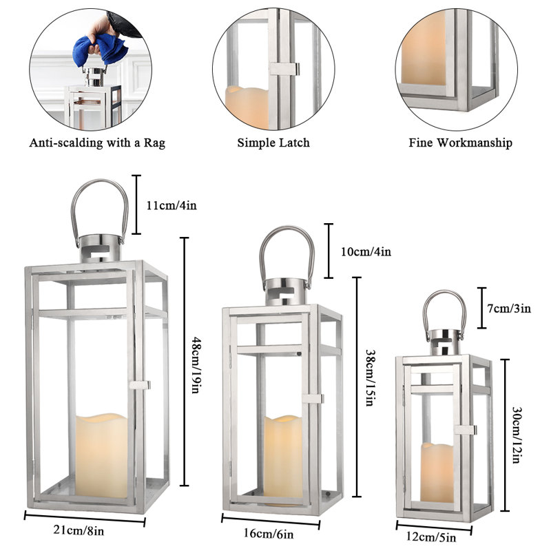 Ensemble de lanternes à bougie en acier inoxydable - tailles variées (12/15 / 19 pouces), Acier Inoxydable, 3