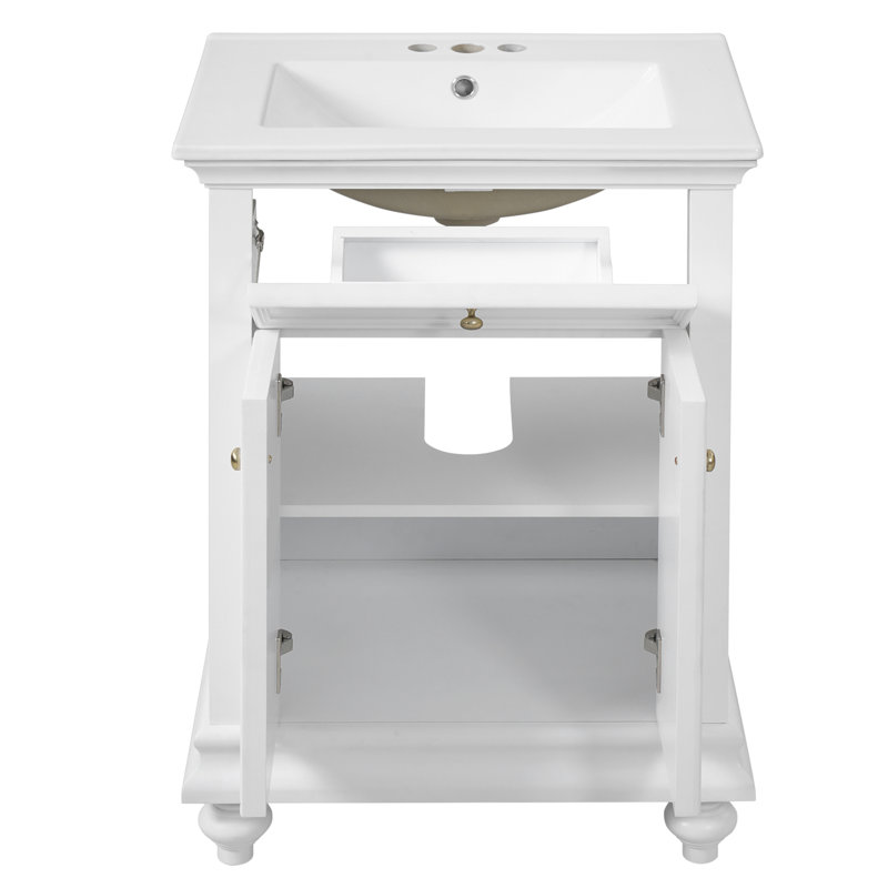 Meuble-lavabo moderne de 24 po avec tiroir basculant et charnières à fermeture en douceur, armoire de salle de bain avec structure ouverte au dos, pieds tournés en boule avec élégance française