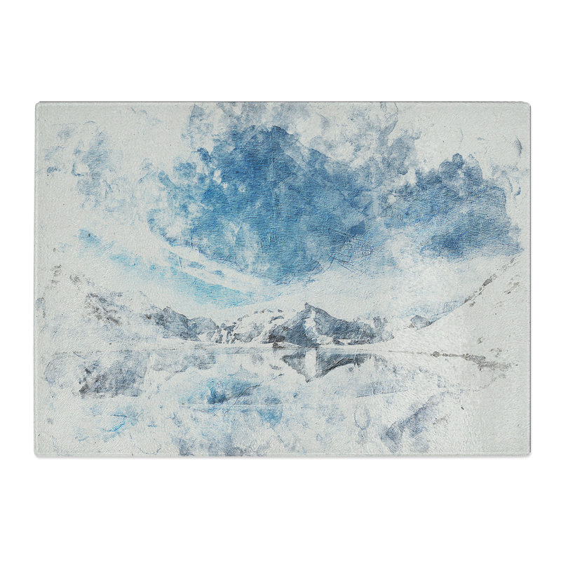 Tempered Glass Winter Mountain Reflection Watercolour Chopping Board, 28.5 cm x 39 cm