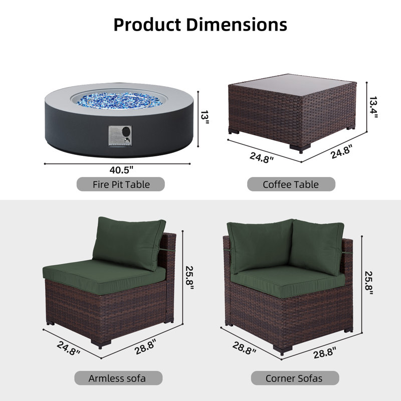 Ensemble de conversation de patio en rotin 8 pièces avec coussins et table de foyer d'extérieur de 42 pouces, Vert pin