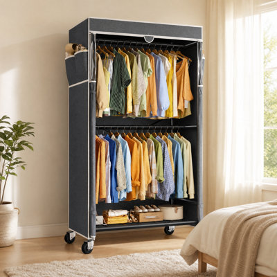 80"H Freestanding Closet Organizer with Cover, Metal Garment Rack with Adjustable Hanging Rod, 4 Wheels & Side Storage Pockets for Bedroom, Dorm, Entryway