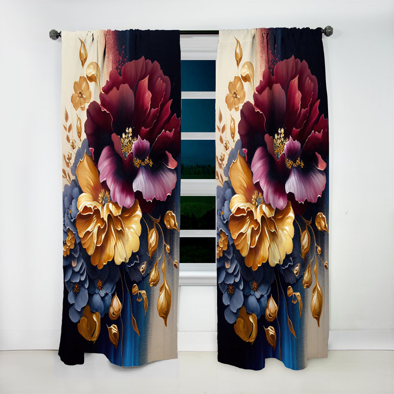 Rideau occultant floral bourgogne et bleu Floral Bunch II - 1 panneau, L 52 po x L 108 po