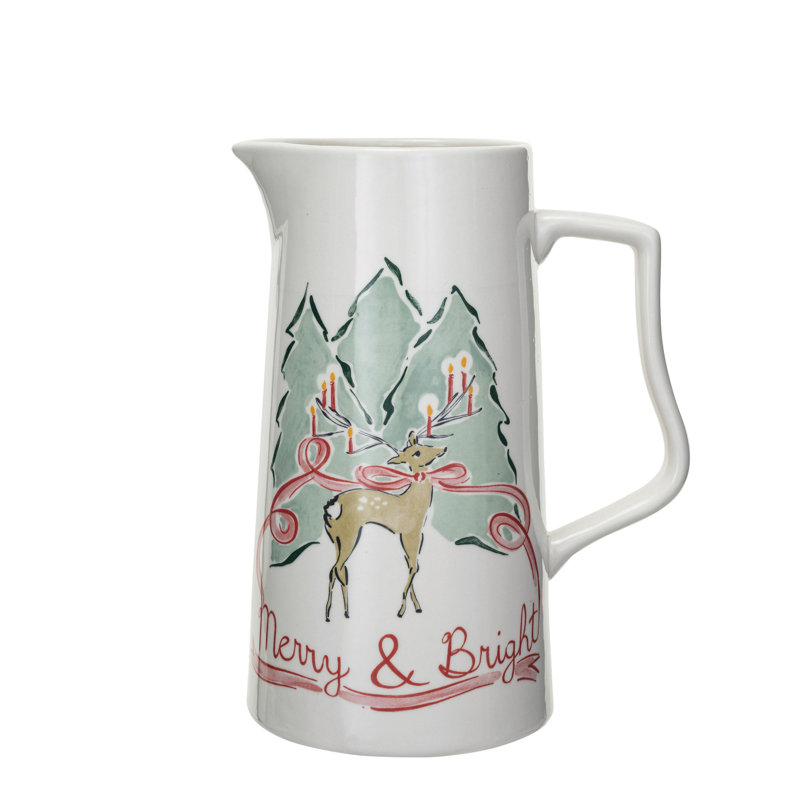 2 Quart Stoneware Pitcher With Reindeer "Merry And Bright"