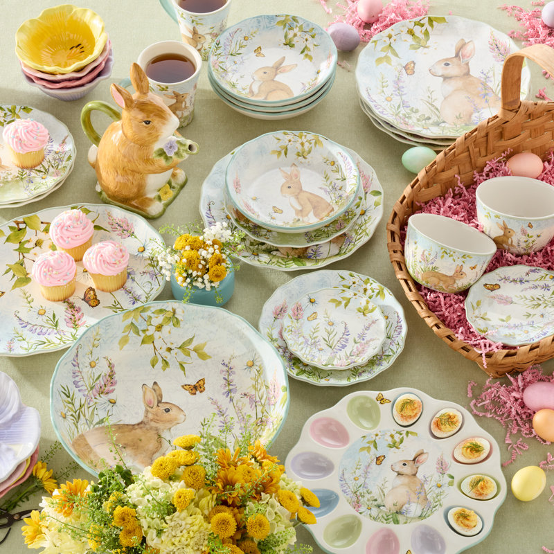 Bol de service du pré de Pâques - bol en céramique 120 oz avec motif de lapin, de fleurs sauvages et de papillons, 13 po de diamètre - parfait pour les salades, les pâtes et les plats d'accompagnement - Va au micro-ondes et au lave-vaisselle