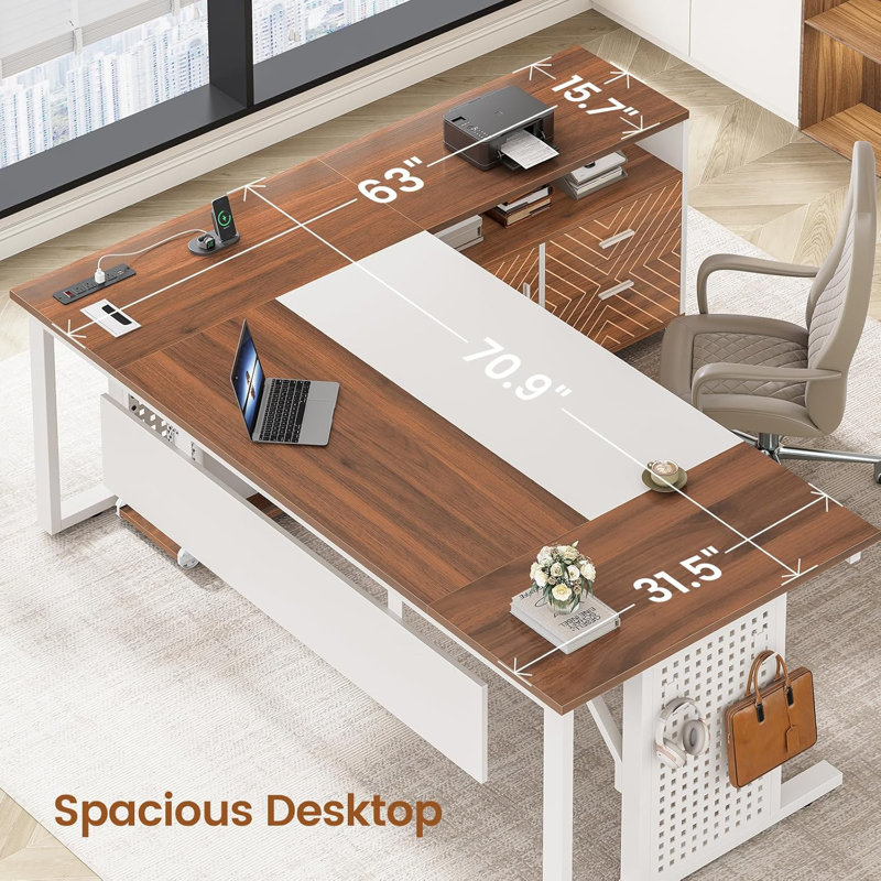 71" Computer Desk Executive Desk With Rolling File Cabinet, Brown/White