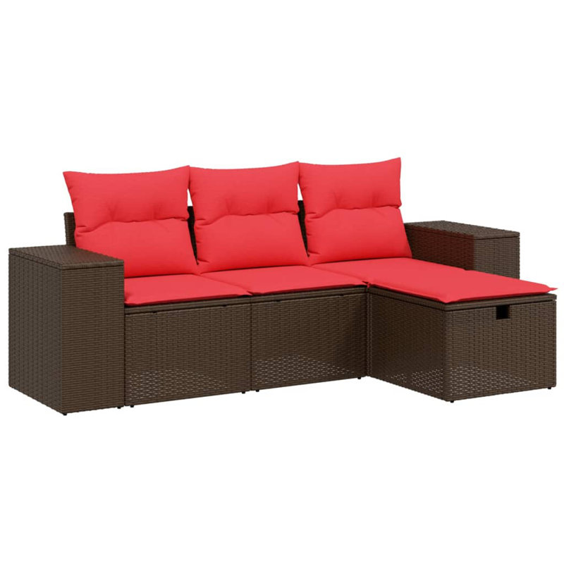 Ebern Designs 4 Piece Patio Sofa Set With Cushions Black Poly Rattan, Brown, Red