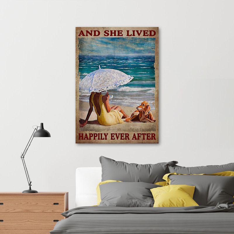 «Girl On The Beach - And She Lived Happily Ever After», reproduction d'art graphique sur toile tendue 1 pièce