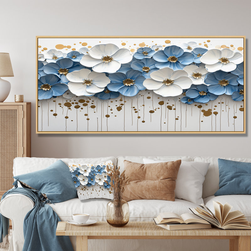 Ikramudeen Widlflowers, bleu, blanc, fleurs crémeuses dans la nature, Brun, H 28 po x l 60 po, Cadre flottant