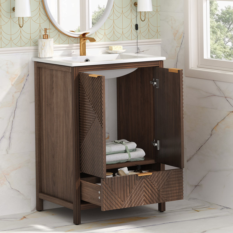Ensemble de meuble-lavabo moderne avec lavabo, trou de robinet simple, panneaux de porte texturés, tiroir, grand rangement, charnières à fermeture douce pour une utilisation pratique