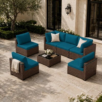Outdoor 7-Piece Modular Rattan Patio Conversation Set with Cushions - Brown/Blue