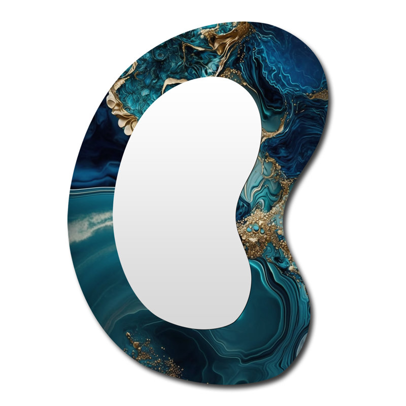 «Erbie Abstract Geode Turquoise I», miroir mural unique de forme irrégulière en marbre, miroir asymétrique moderne, impression d'art en métal